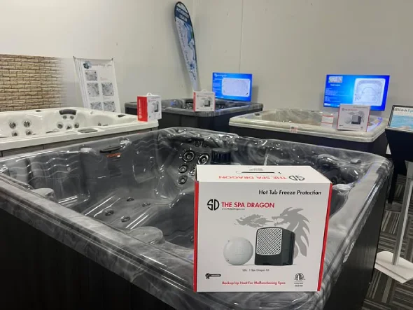 MinnSpas hot tub showroom Apple Valley Minnesota with multiple spa models on display