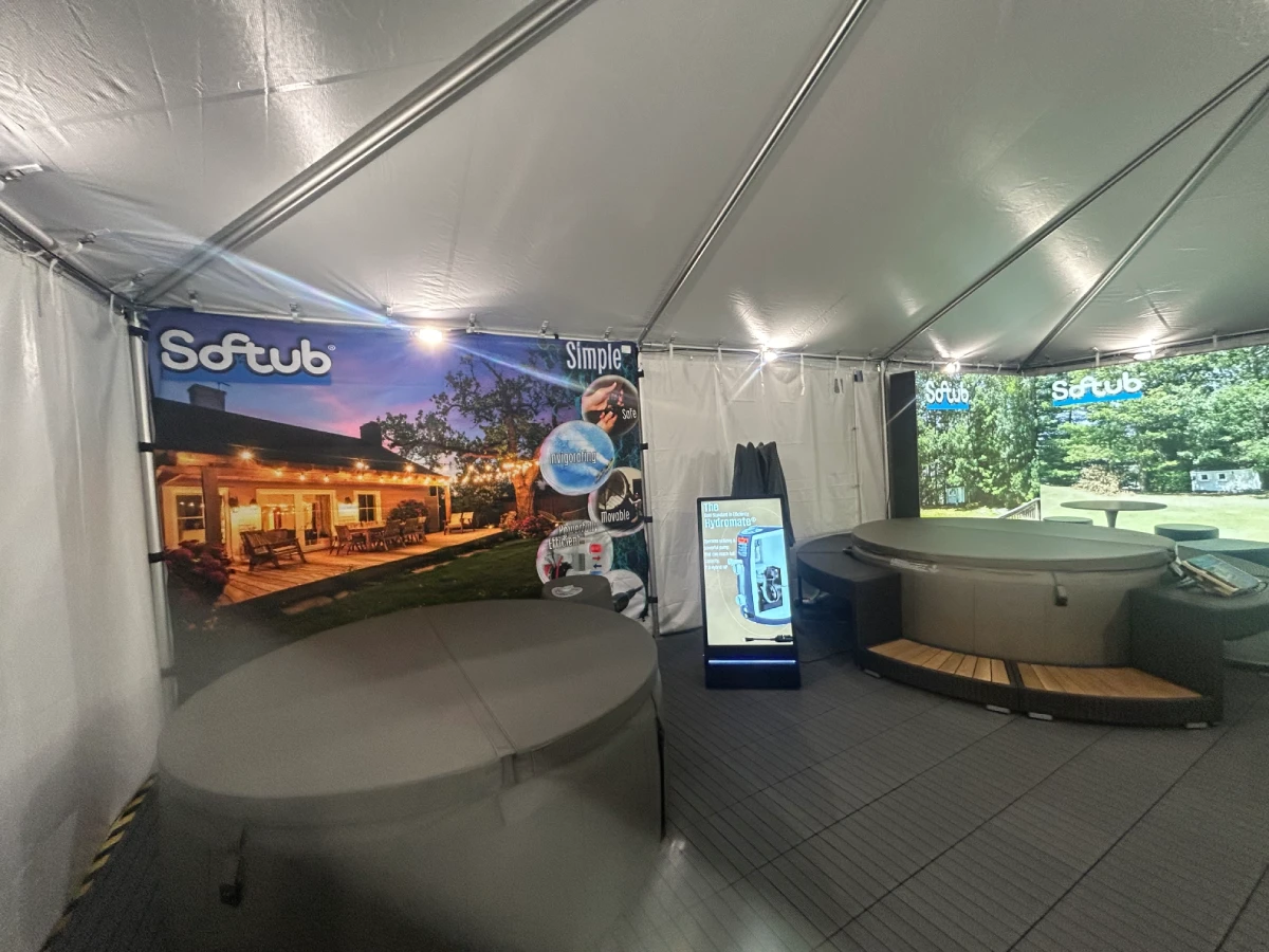 Softub sales booth tent with two Softub spas on display — bring Softub back to the Minnesota State Fair